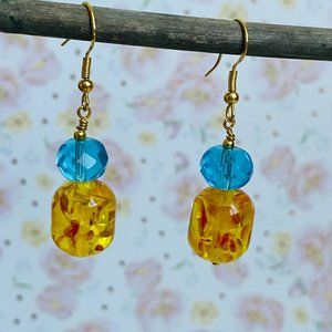 Artisan Beaded Yellow/Blue Dangle Earrings 1 ¾” NEW